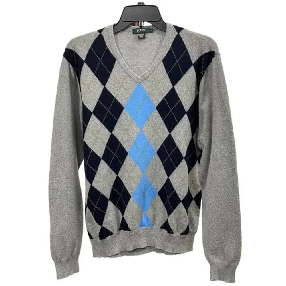 J. Crew Mens Argyle Pullover V- Neck Sweater in Gray Blue Size L - Picture 1 of 4